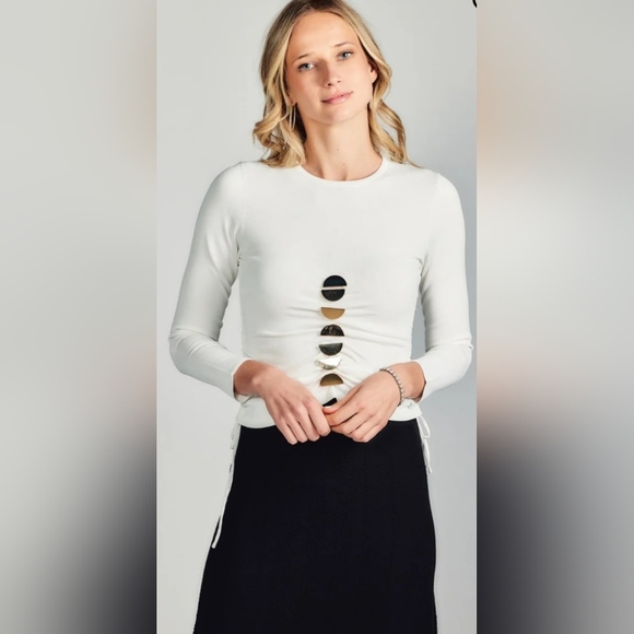 Aleeza Elegant Black Oliva Sweater with Gold Pin Accents & Cinched - Picture 6 of 7